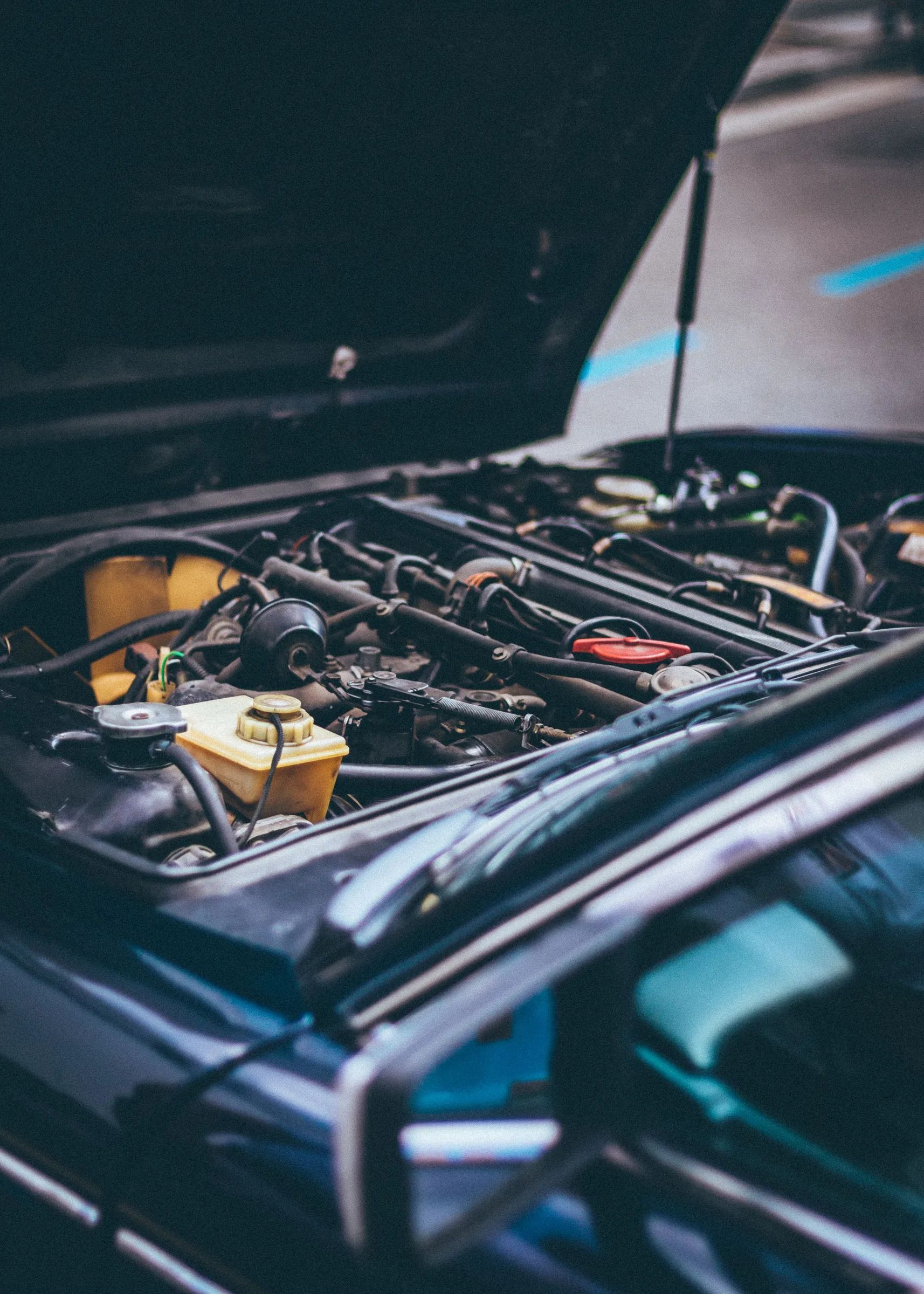 An open engine bay with hoses and fluid reservoirs